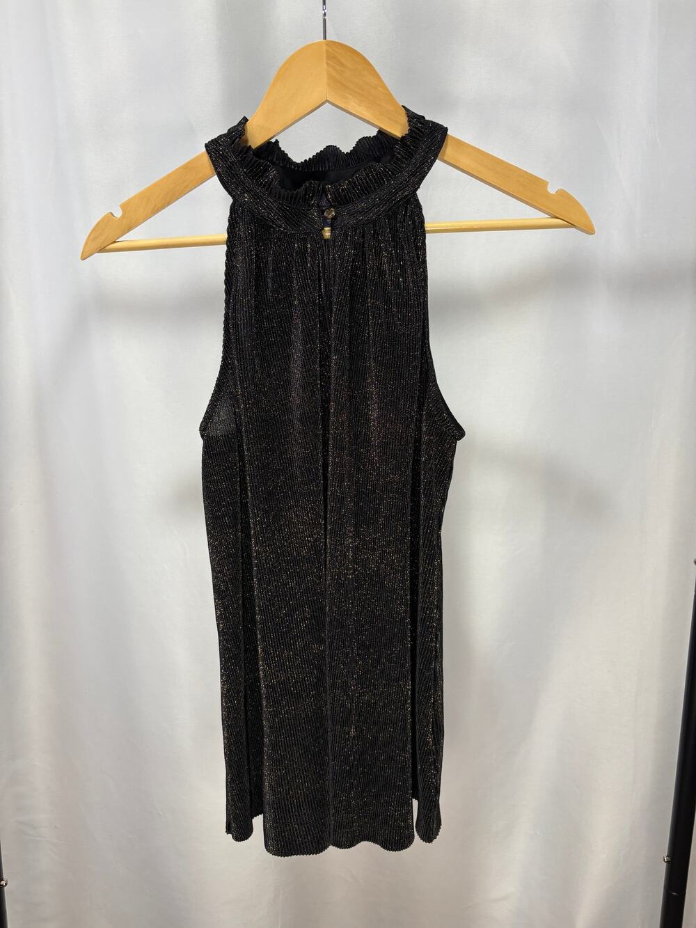 Rachel Roy Women’s Black Gold Metallic Pleated Sleeveless Tunic Top Size M